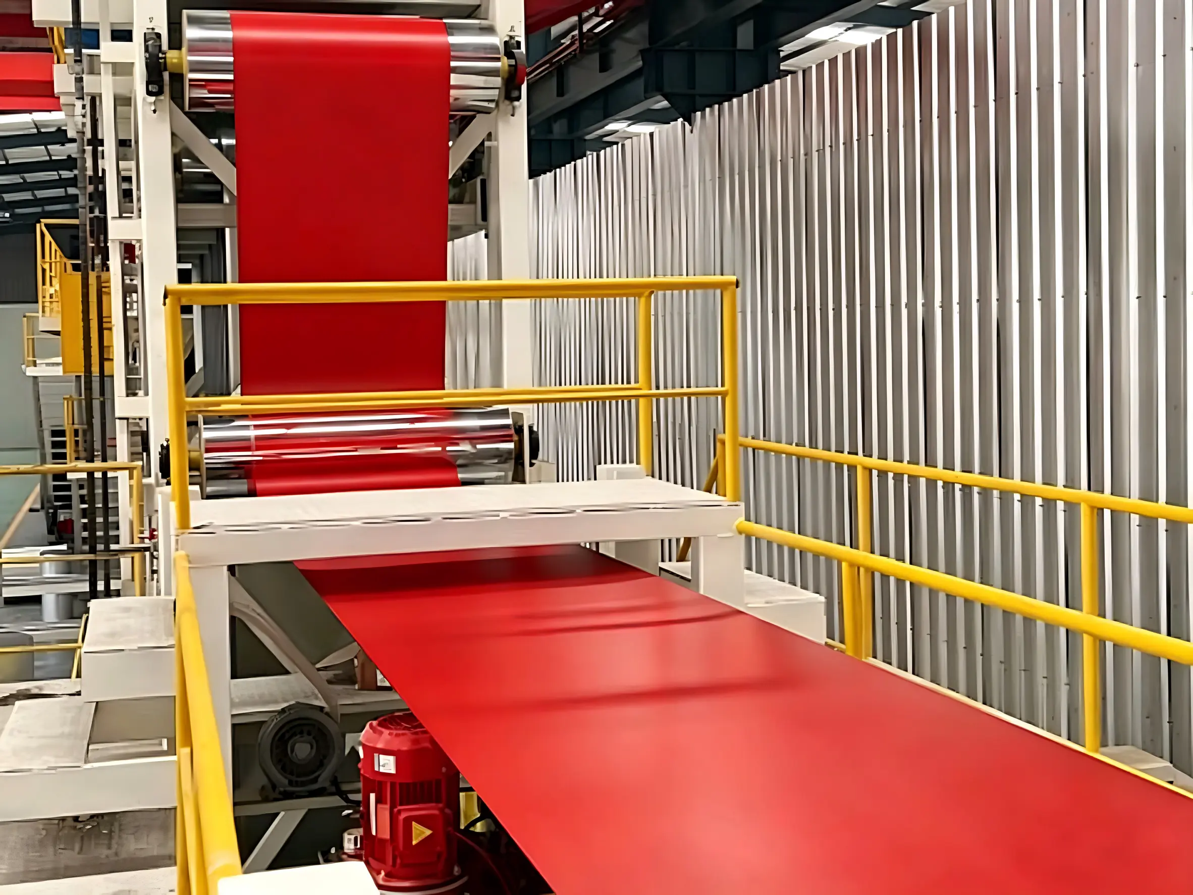The steel coils with the red powder coating currently in production