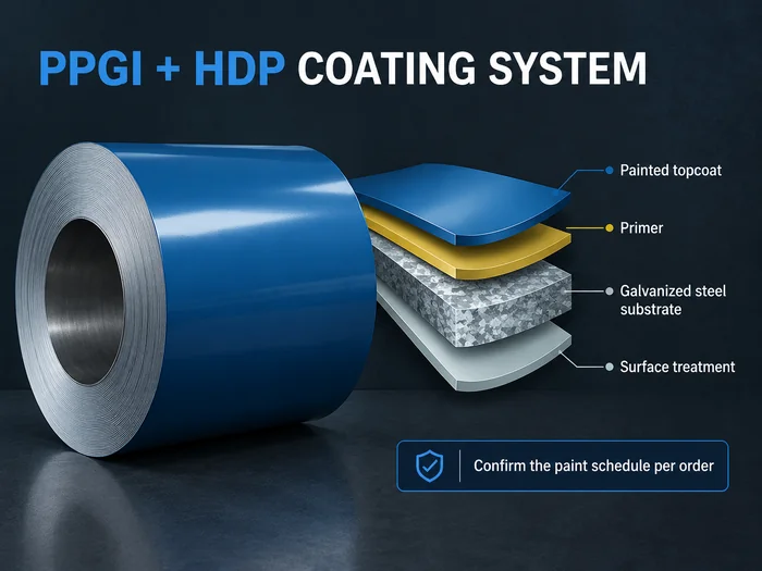 PPGI coil HDP coating system and galvanized steel substrate