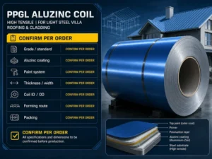 High tensile PPGL Aluzinc coil order confirmation for light steel villa roofing