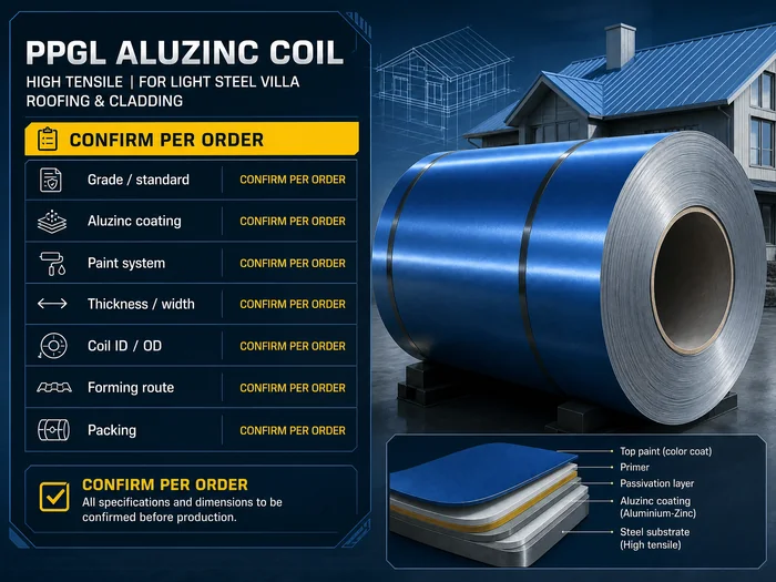 High tensile PPGL Aluzinc coil order confirmation for light steel villa roofing