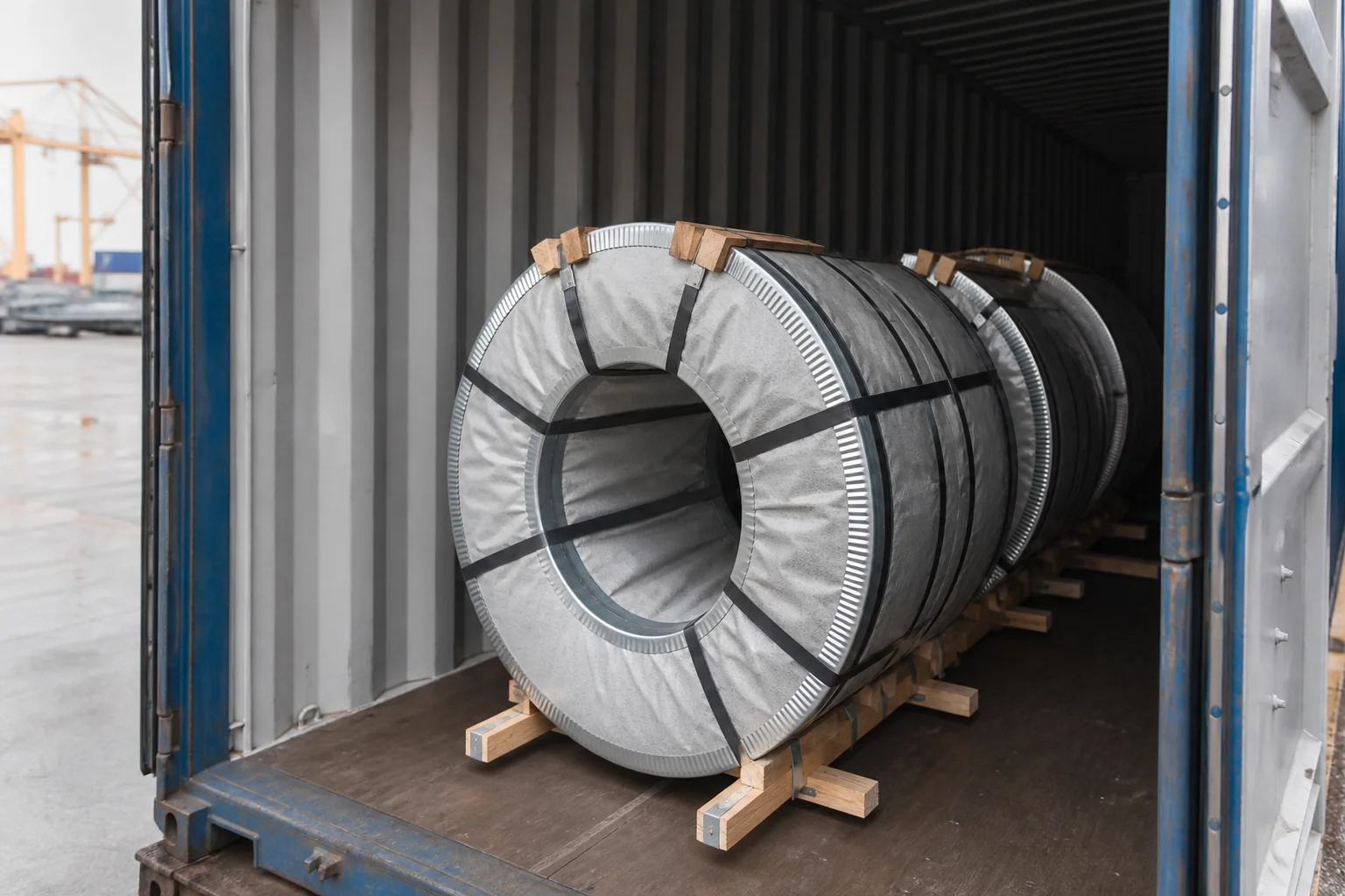 Galvanized steel coils secured for export shipping inside a container