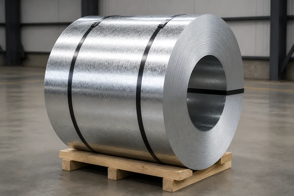 DX51D galvanized steel coil on a pallet in a clean factory setting