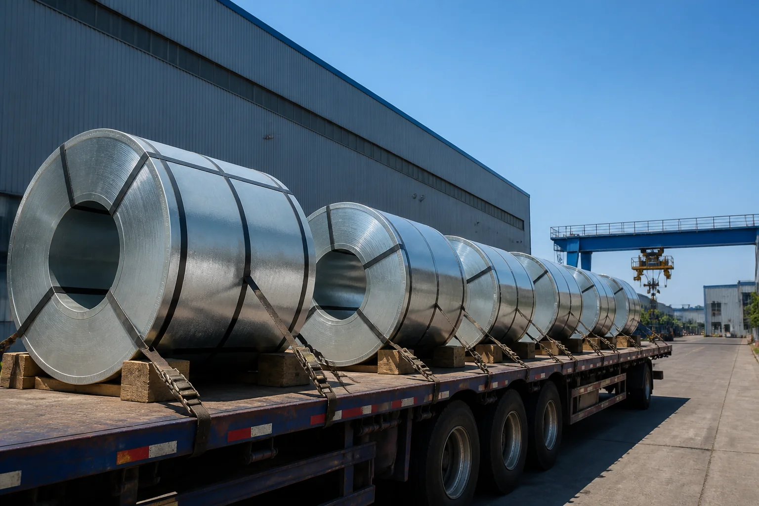 Strapped Galvalume steel coils prepared for factory loading and delivery