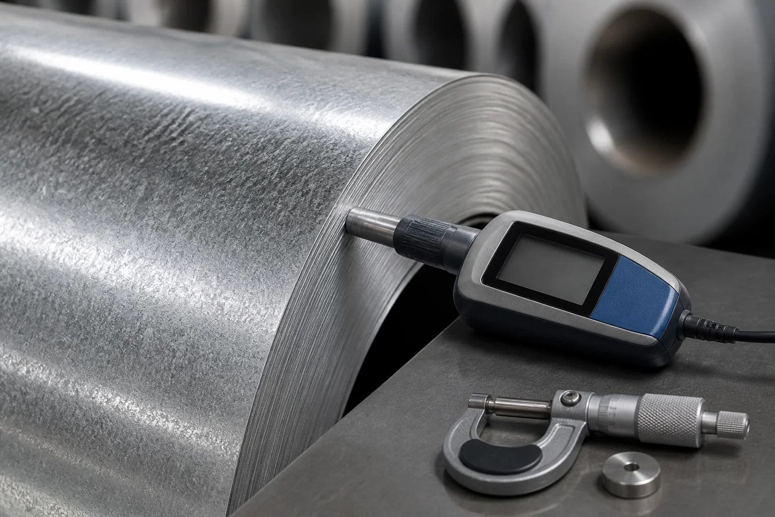 Galvalume steel coil surface inspection with a thickness gauge