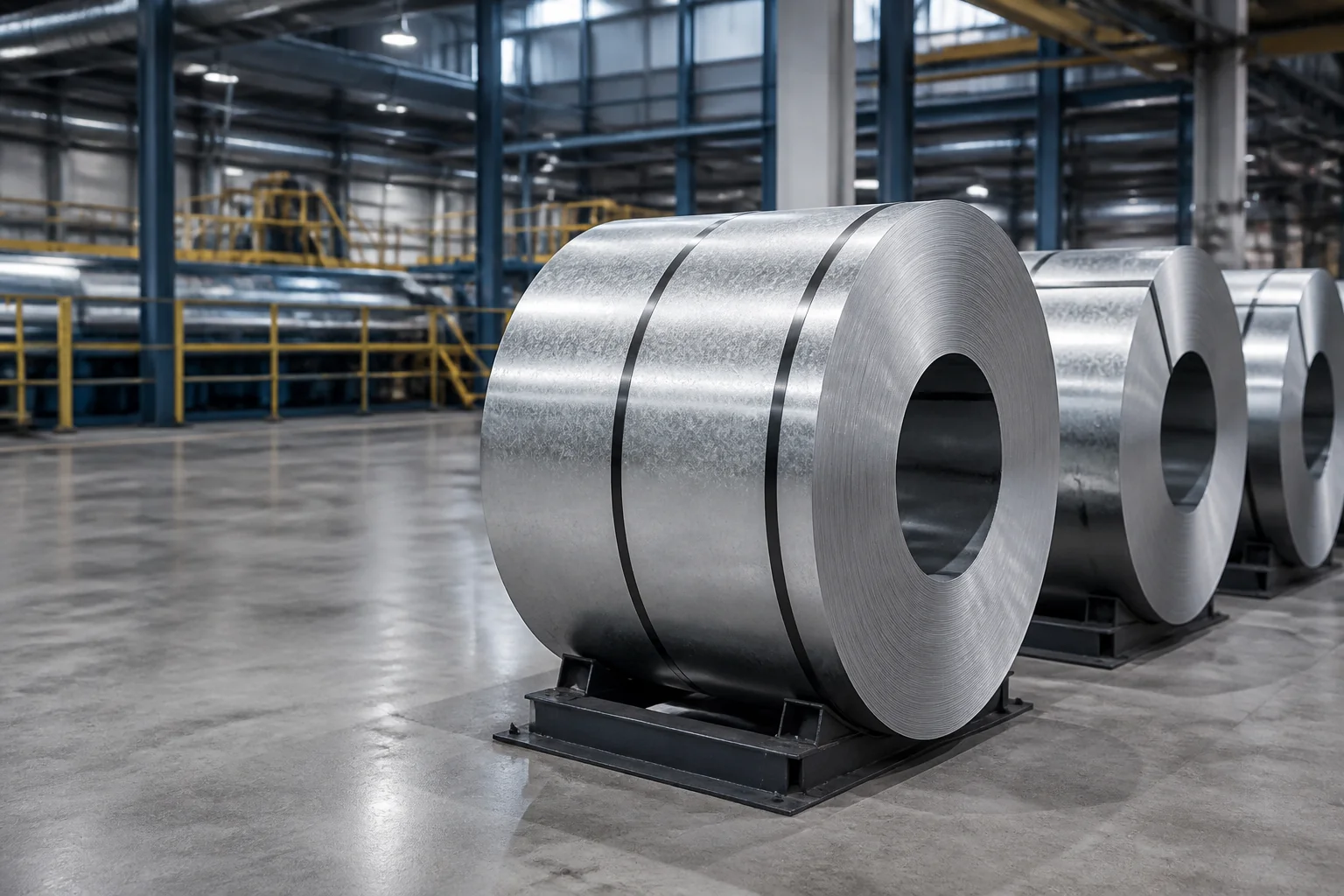 Galvalume steel coils arranged in a factory inspection area