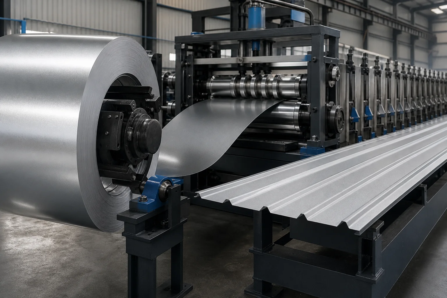 Galvalume steel coil feeding through a roll-forming line